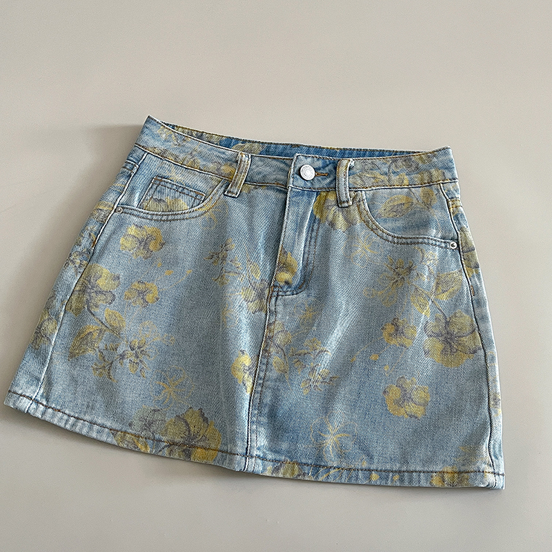 Soft Summer Yellow Clothing - Elegant Women Denim Skirt Yellow Flower