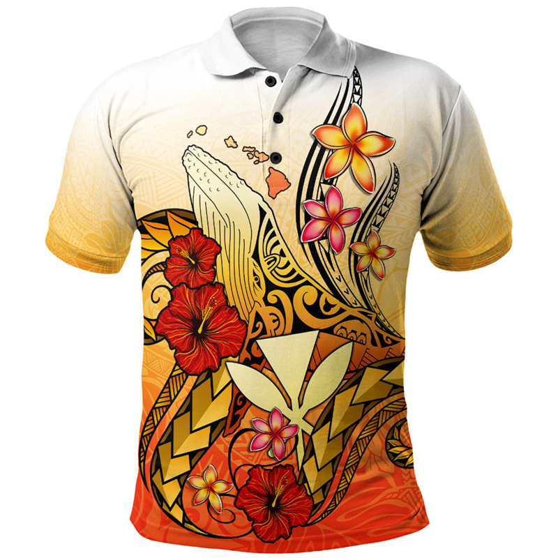Summer Vacation Clothing Men - Hawaiian Whales Pattern Polo Shirt Men's