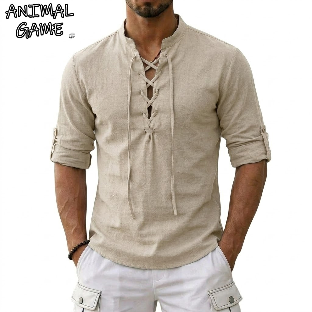 Summer Viking Clothing - Men's Long Sleeved Linen T-Shirts Medieval