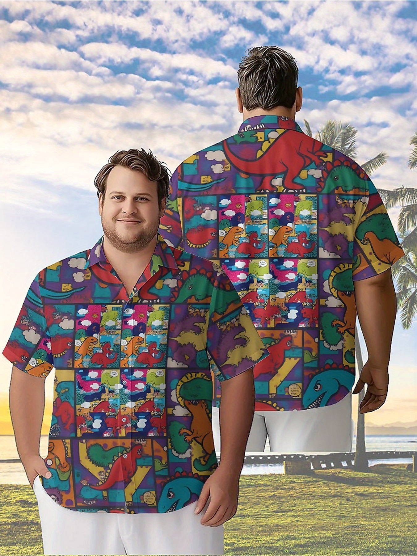 Beach Shirt Hawaiian - Men's Plus Size Hawaiian Shirts Dinosaur