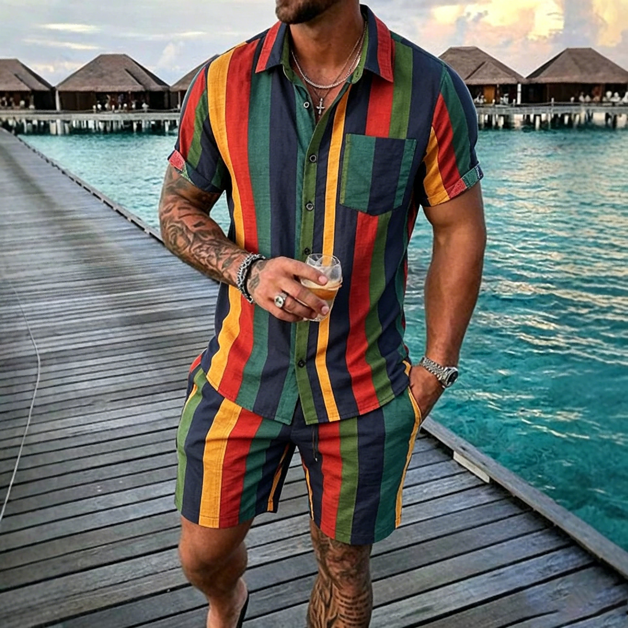 Summer Men's 2 Piece Set, Colo - đánh giá và giá Beach Shirt Hawaiian